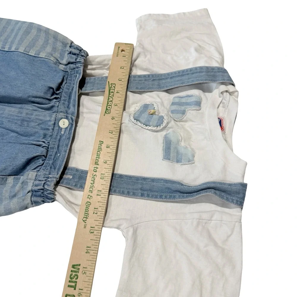 Vintage Popside Kids Denim Overall Shorts Set White Heart T-Shirt 2pc 90s Cotton